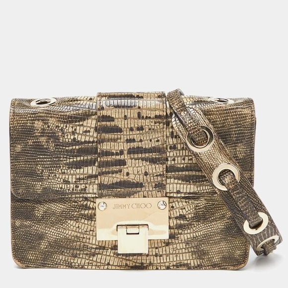 [SOLD] Jimmy Choo Black/Beige Snake or Croc Embossed Leather Rebel Crossbody Bag - Picture 1 of 11